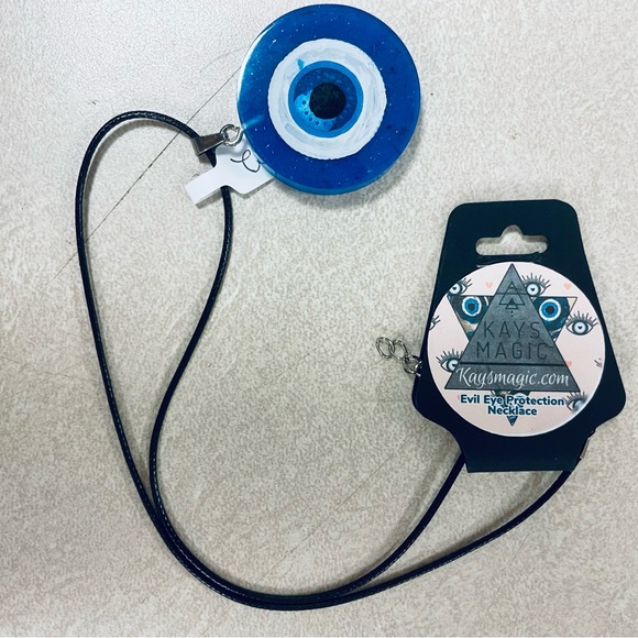 Light Blue Evil Eye Protection Necklace, Black Wax Cord - Picture 2 of 4